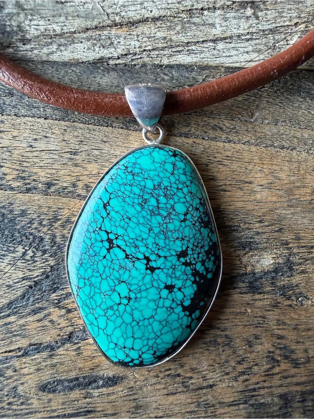 Turquoise Stone Pendant Necklace in 925 with Brown Leather Cord - Picture 3 of 4